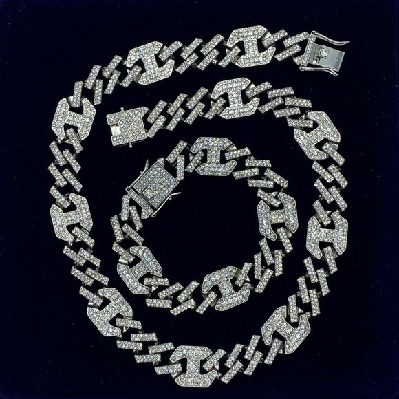 Iced Out Prong Cuban Link Chain  Necklace Bracelet SET - Picture 5 of 5